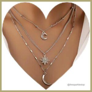 Silver Layered Necklace with Crystal Moon and Star Pendants, 3-Strand Design